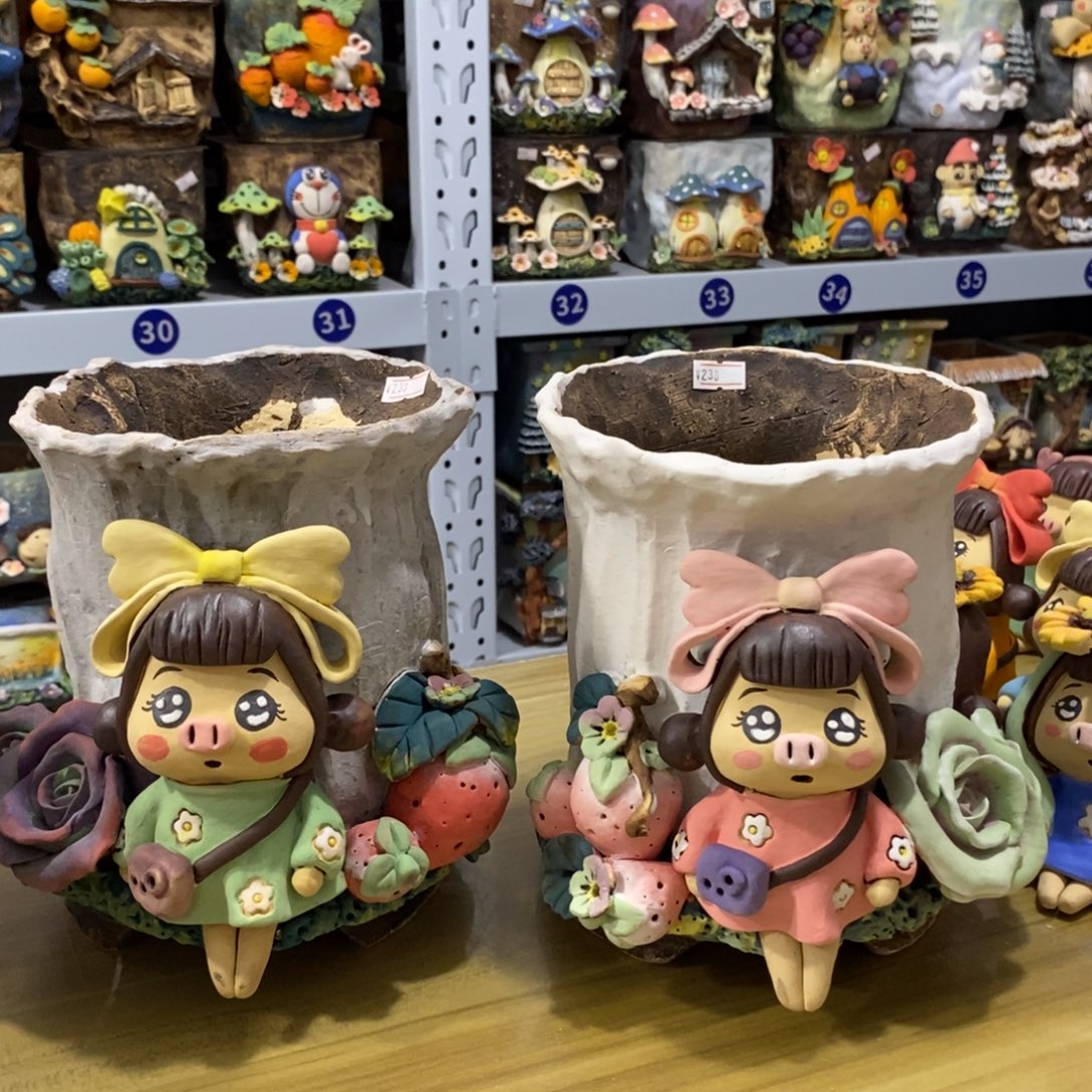 海***娟白狐粗陶手捏花盆