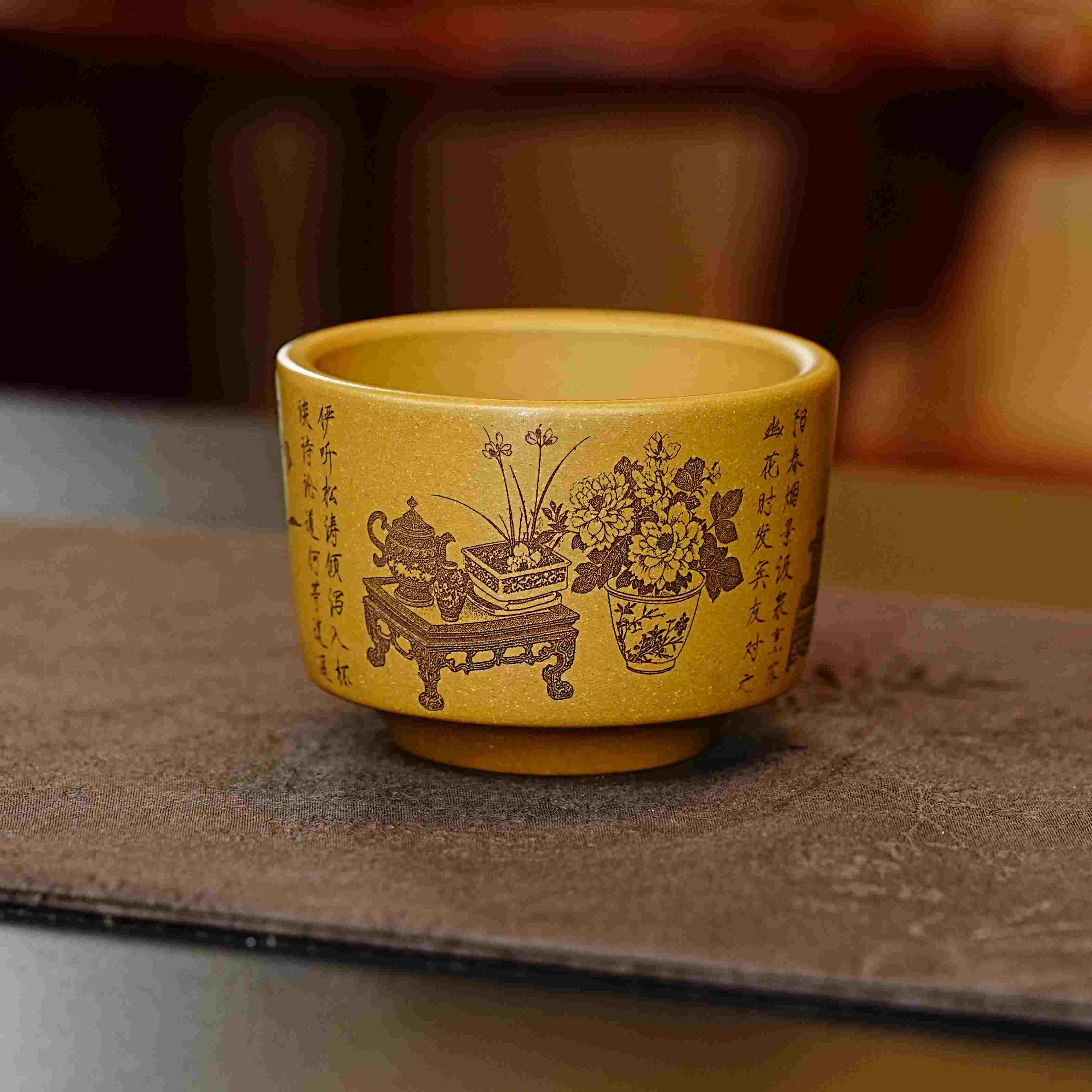 宜兴原矿紫砂黄金段纯手工刻绘兰花清贡图牡丹茶香紫砂主人杯