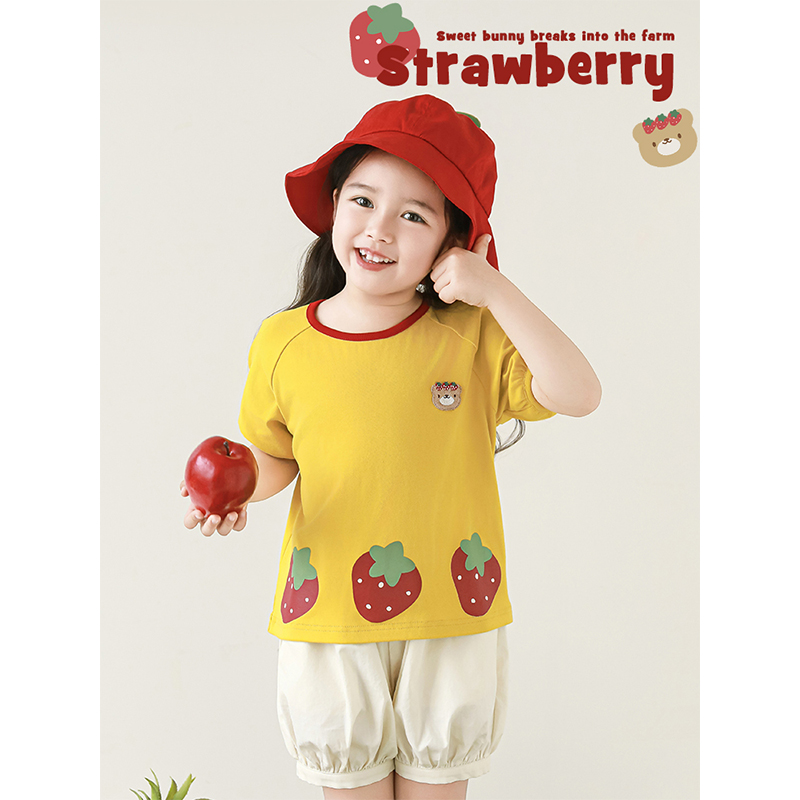 YOEHYAUL/幼悠夏肆波【草莓玩偶】女童夏季百搭薄款卡爱短袖T X5218