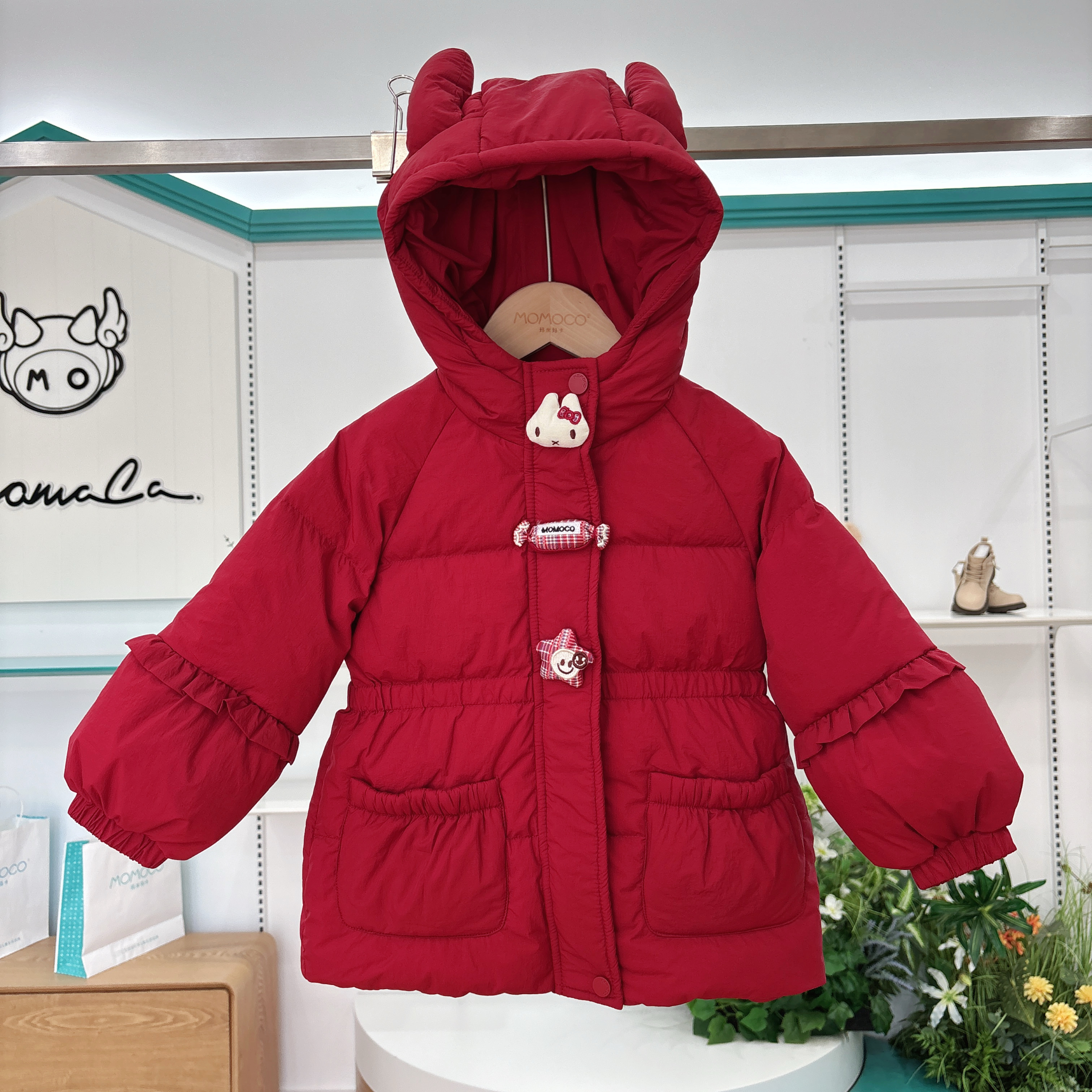 MOMOCO冬季女童洋气百搭可爱红色连帽羽绒服外套77880102030