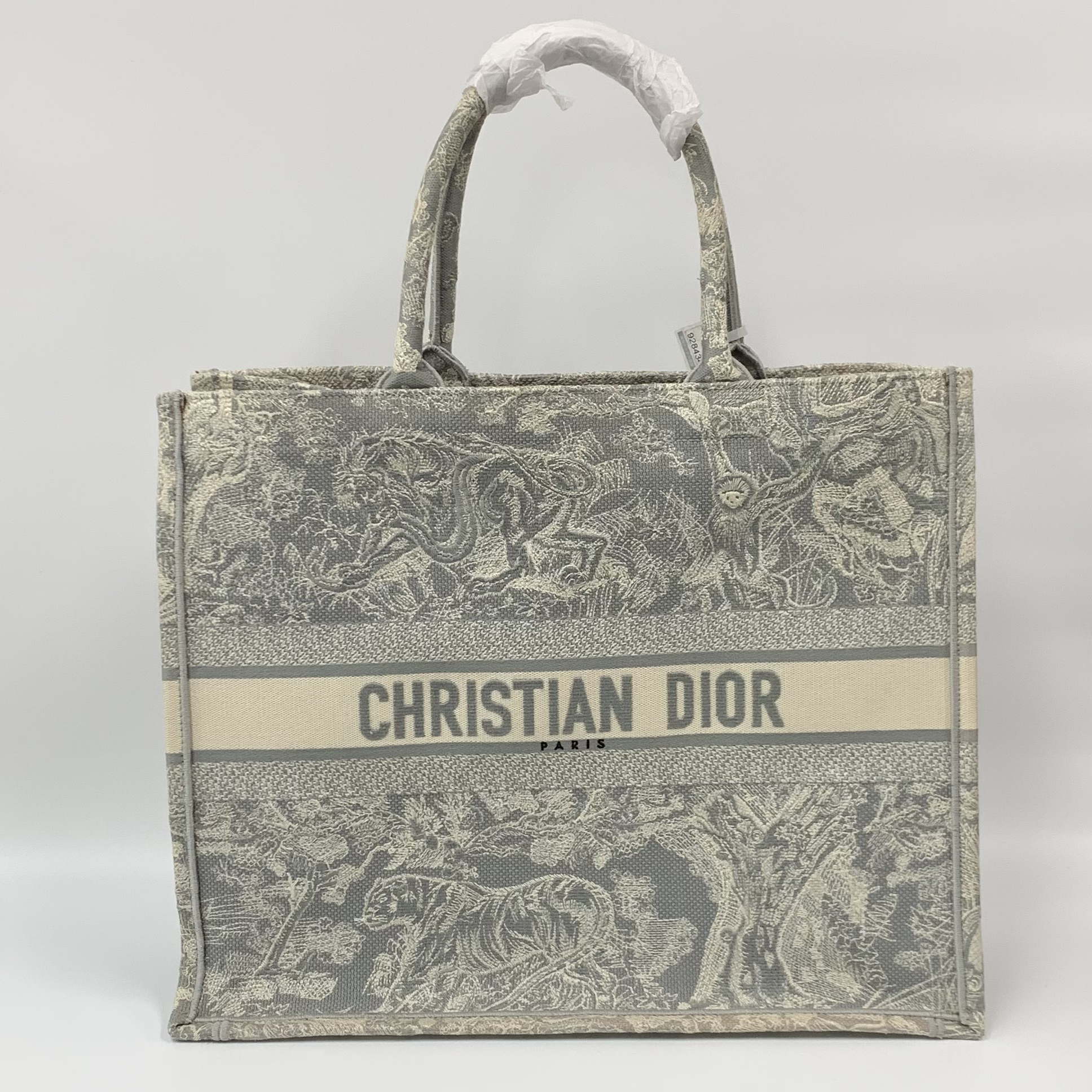 95新 DIOR/迪奥 97新 浅灰色茹伊印花刺绣动物系列托特包