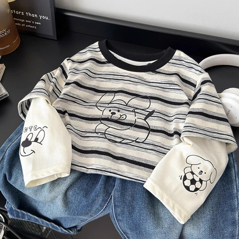 男女通用百搭长袖耐脏T恤春装上衣打底衫儿童条纹宽松假两件纯棉