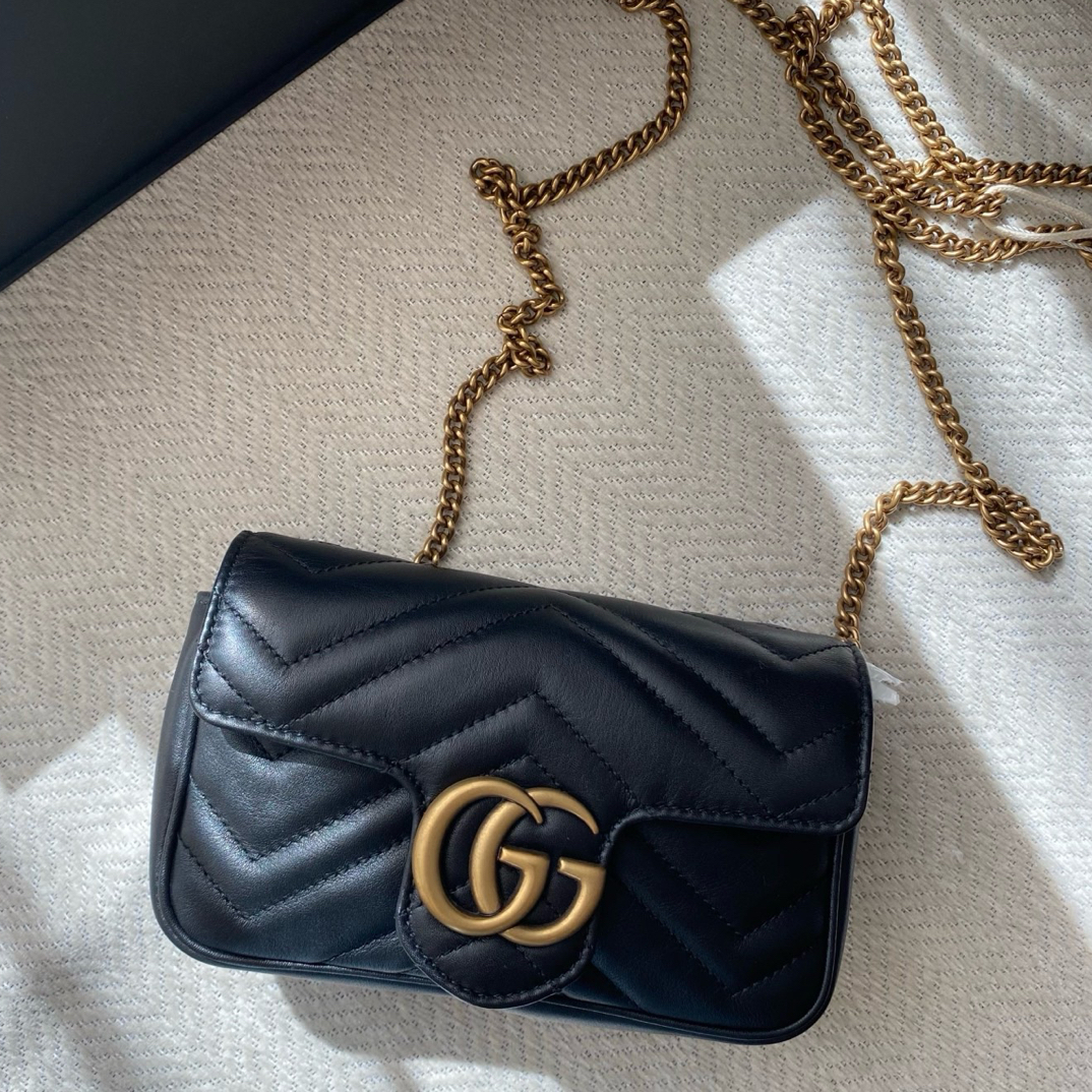 99新 GUCCI/古驰 黑金马蒙mini链条单肩包链条包