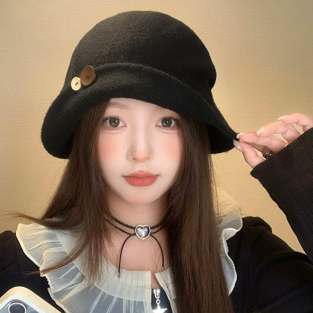 日系复古纽扣翻檐黑色渔夫帽女秋冬大头围帽子显脸小礼帽时尚盆帽