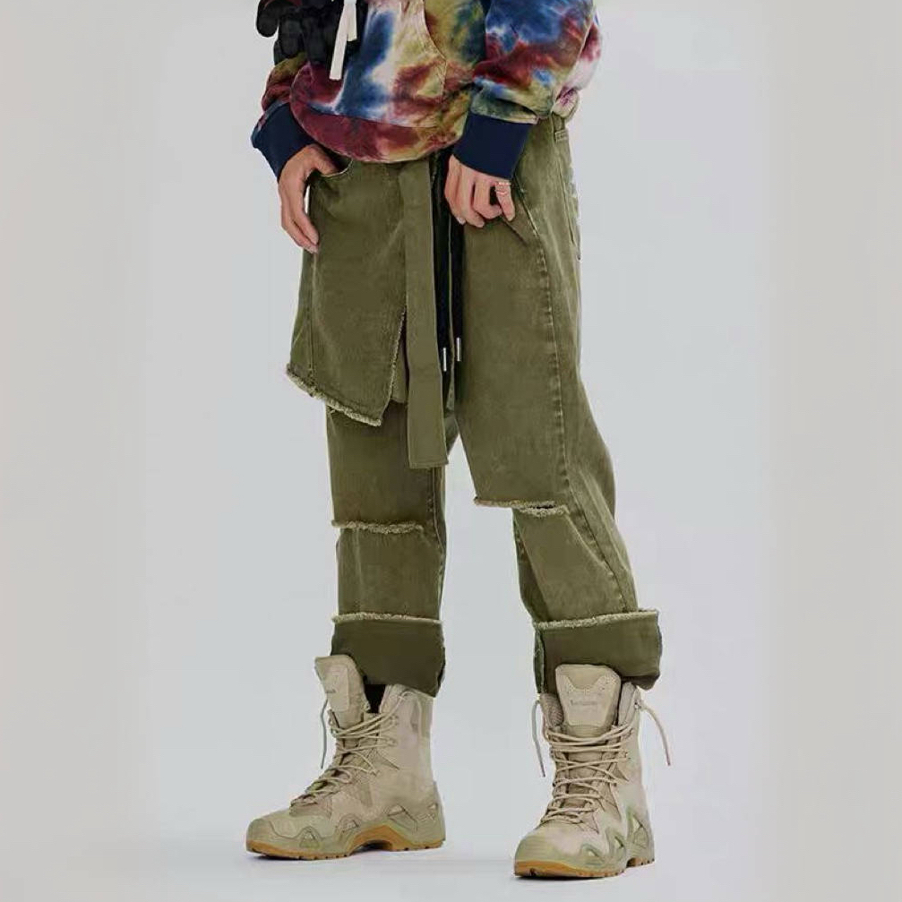 2179 「解构式军绿牛仔裤 | 拼接破洞+绑带设计，潮酷街头风拉满」