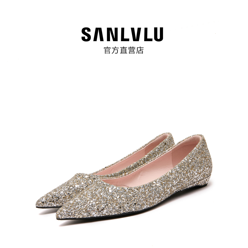 SANLVLU辽源 金色平底水晶鞋孕新娘礼服婚鞋羊皮里舒适单鞋不累脚