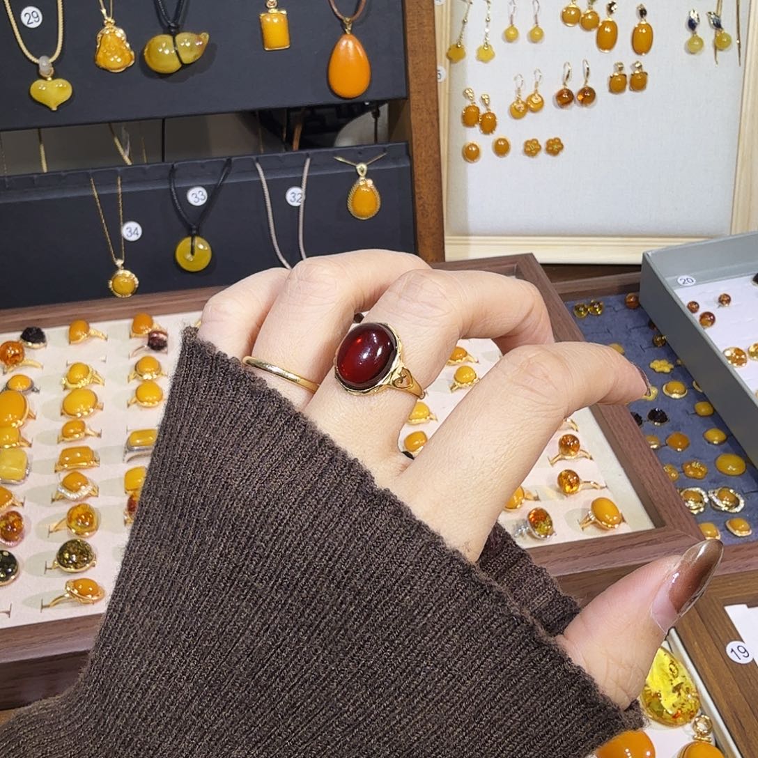 血珀银S925镀金镶嵌戒指