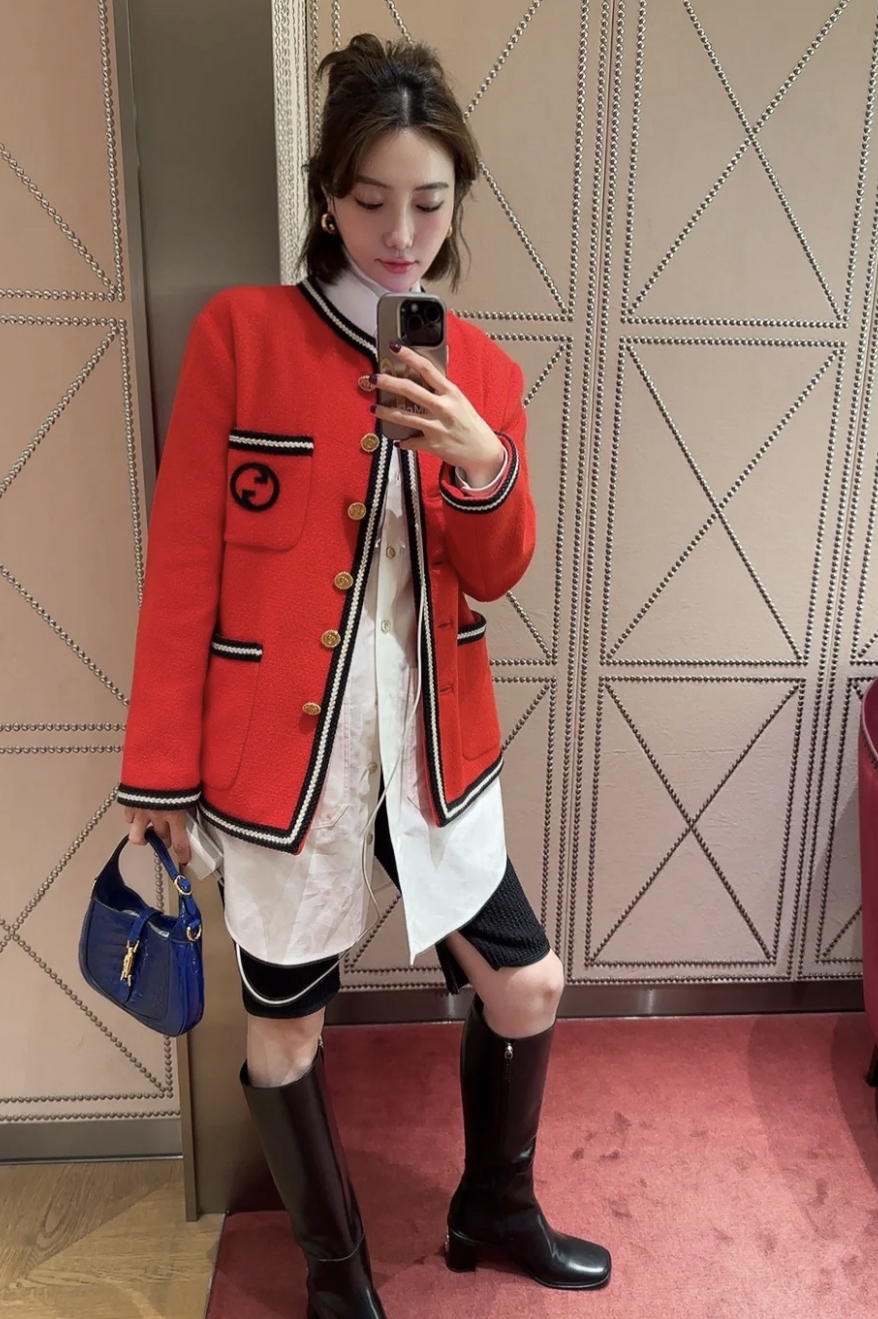 未使用 GUCCI/古驰 gg018  羊毛 24ss红色logo软呢金扣外套 40码