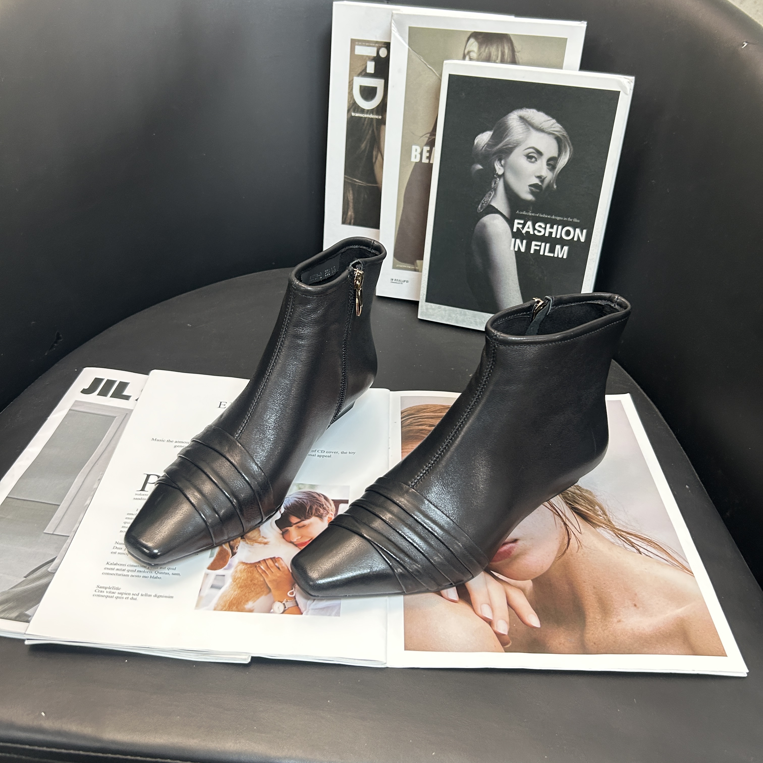 陈老板~羊皮3.5公分/方头高奢短靴女鞋百搭时尚秋冬靴子919-2