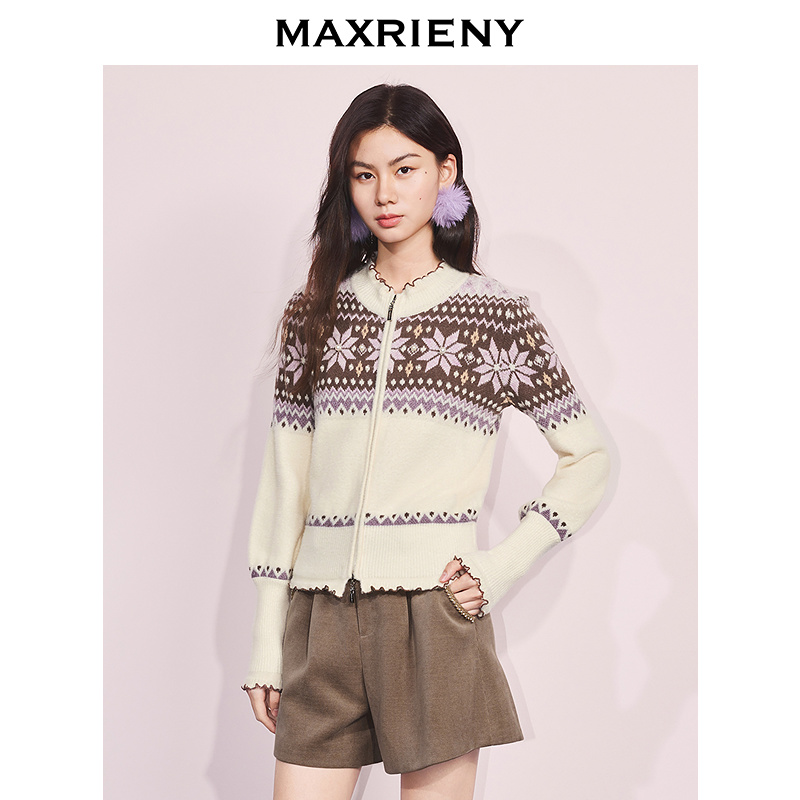 MAXRIENY慵懒复古感拉链外套25冬费尔岛穿搭提花宽松H型长袖上衣