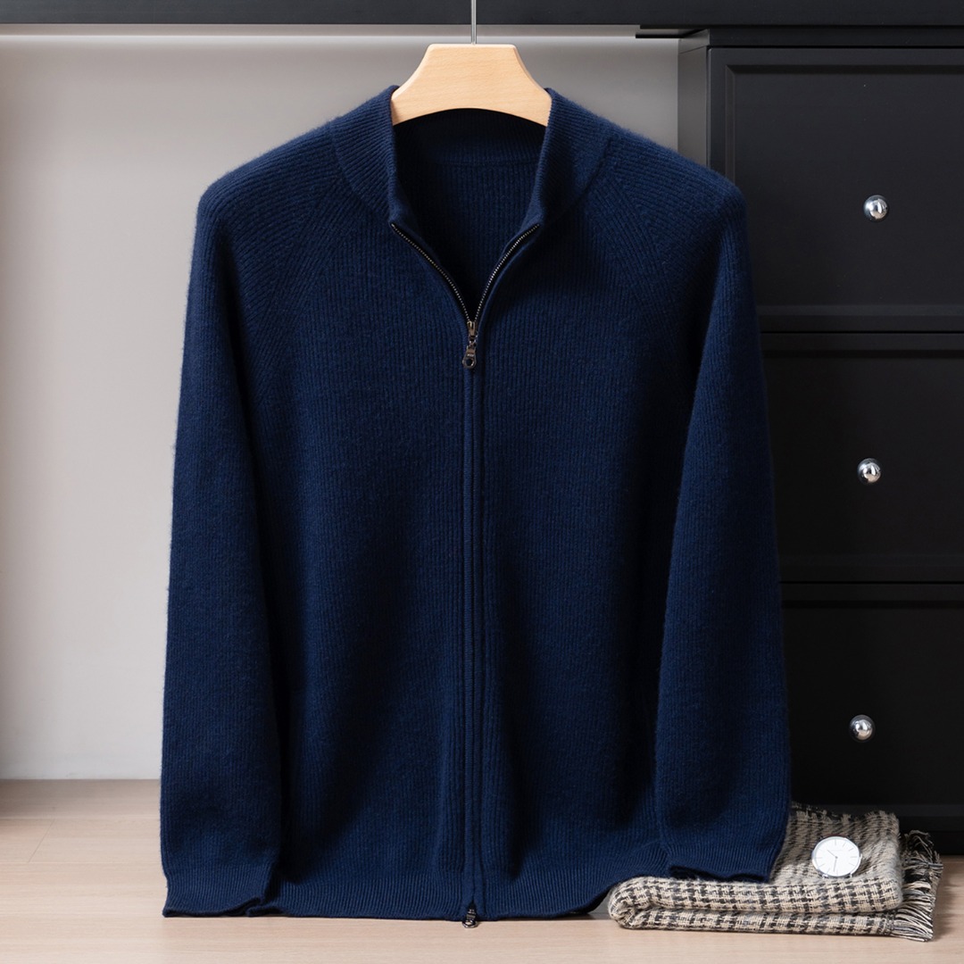 21~100%纯山羊绒开衫男加厚半高领保暖针织拉链外套25秋冬新款