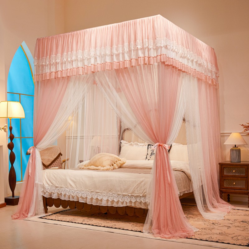 新款双层纱蚊帐家用公主风三开门宫廷加密加厚双纱老宫廷落地蚊帐