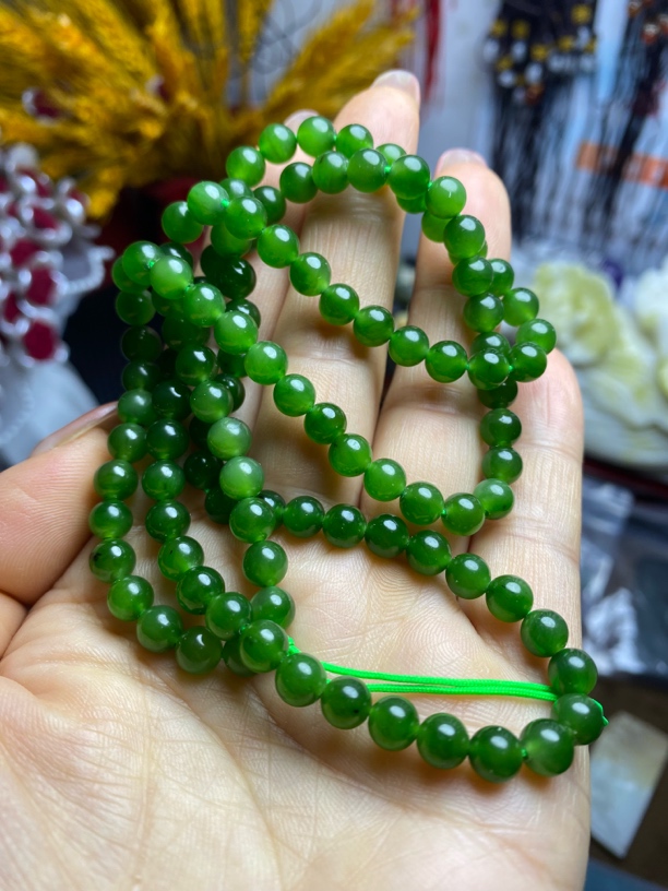 和田玉俄碧玉菠菜绿108颗圆珠链子直径卡6mm 