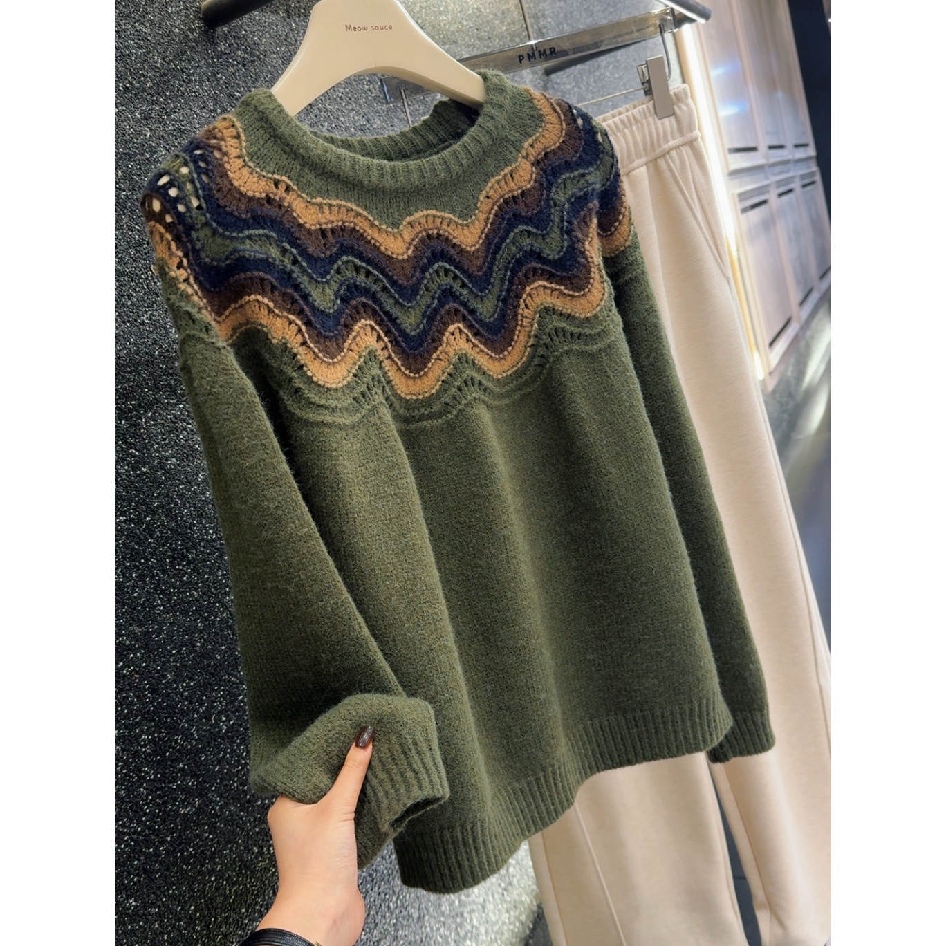 复古绿条纹民族风针织毛衣女秋冬新款~800