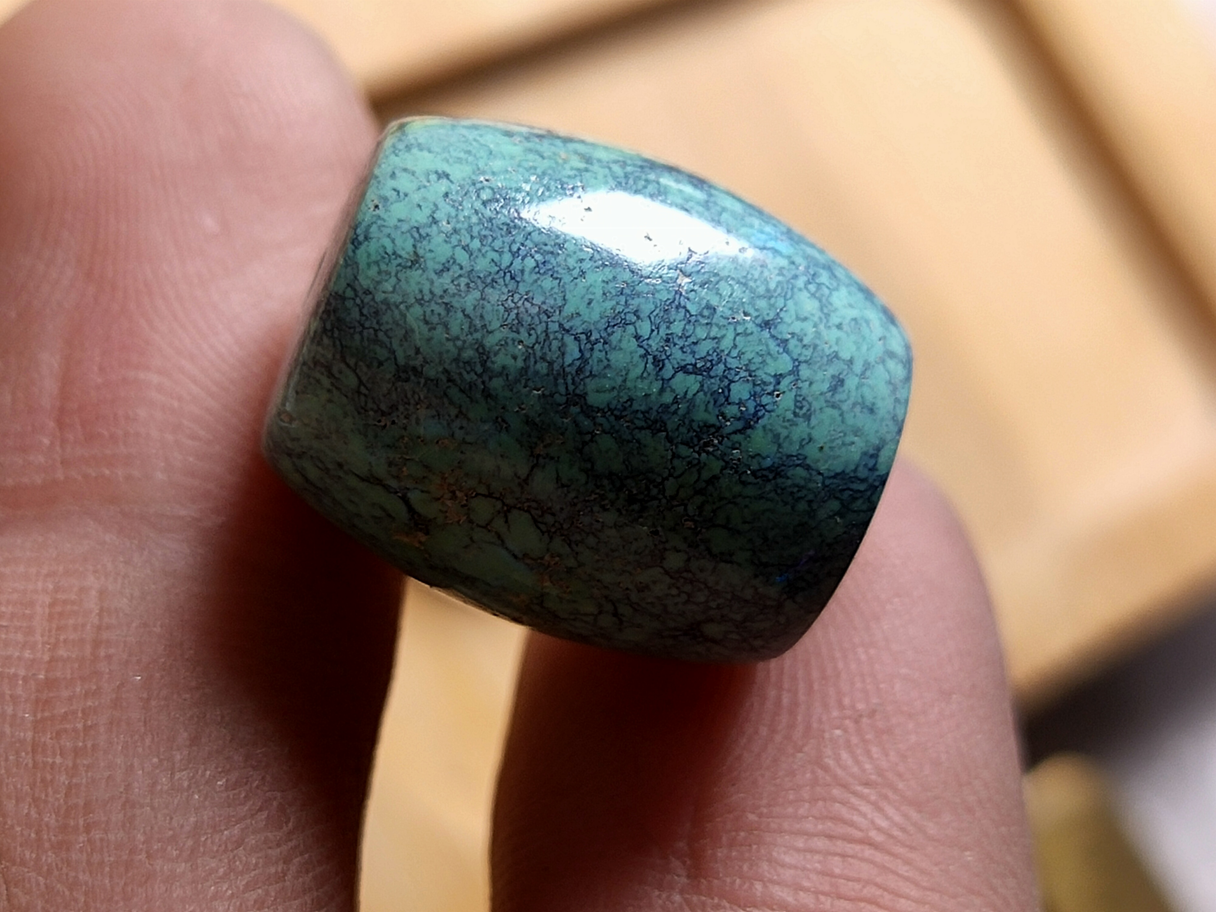 原矿绿松石水草纹桶珠，直径13.6对孔16.6品质尺寸如图，4.9克