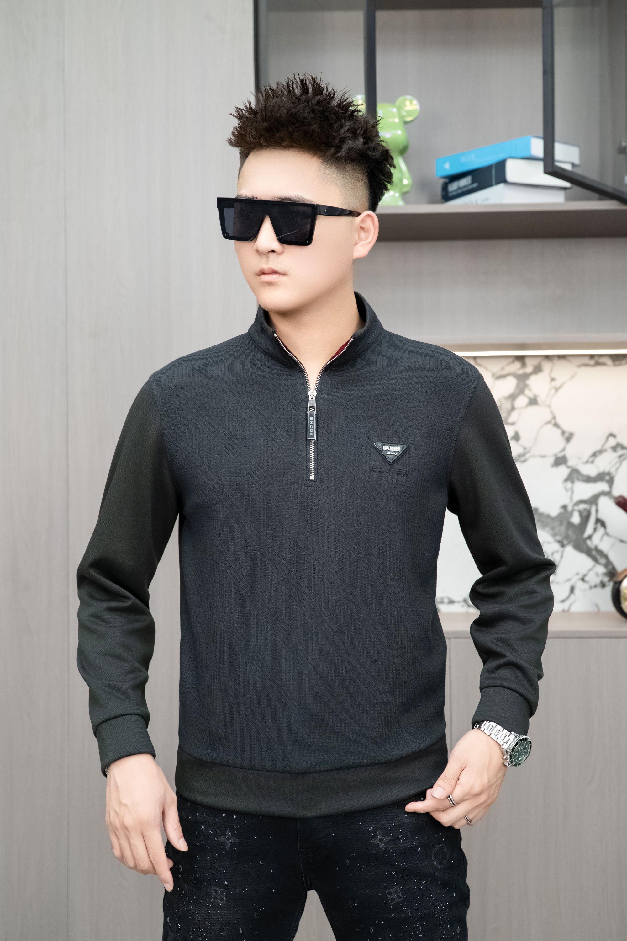 亮片秋季纯色立领厚款卫衣户外套头时尚加绒潮流男士长袖春秋休闲