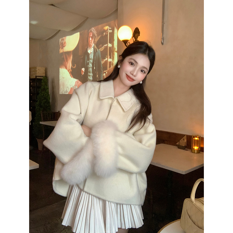 【巴斯恋人】反季福利羊毛大衣女狐狸毛袖双面羊毛斗篷大衣