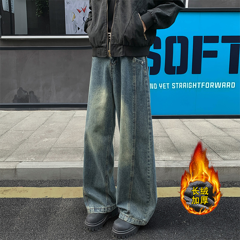 复古蓝美式阔腿牛仔裤男秋冬加绒潮牌水洗做旧直筒裤高街宽松长裤