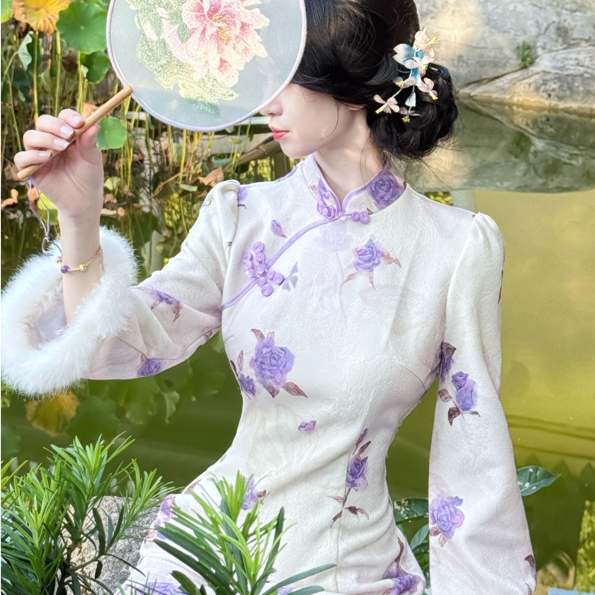 LHMknk1画报夫人原创自制秋冬温柔优雅厚款倒大袖旗袍 汝紫