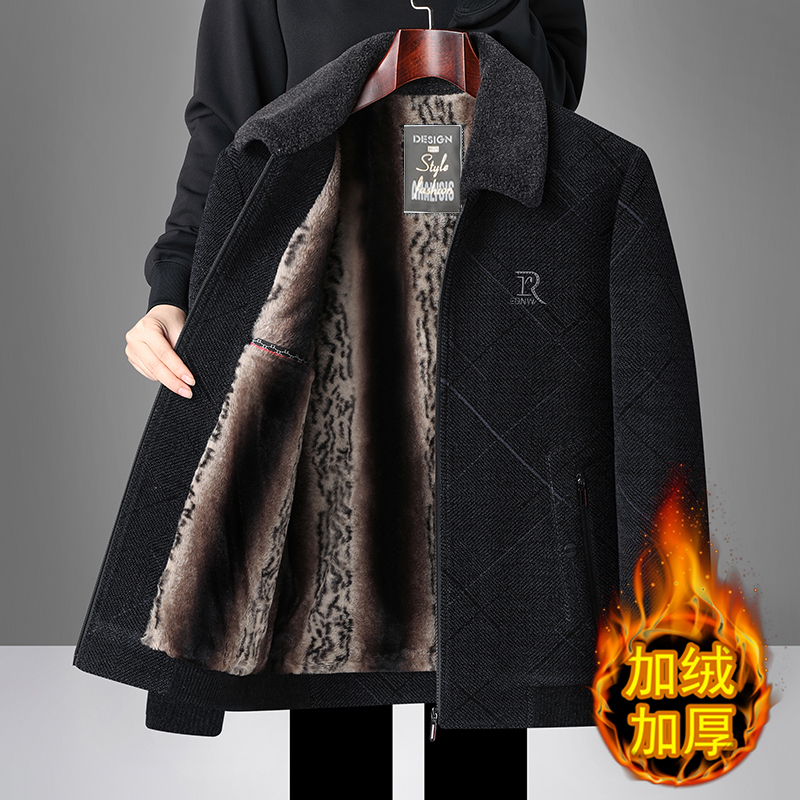 冬季爸爸装雪尼尔加绒外套中老年人加厚保暖毛呢男士毛领棉衣369