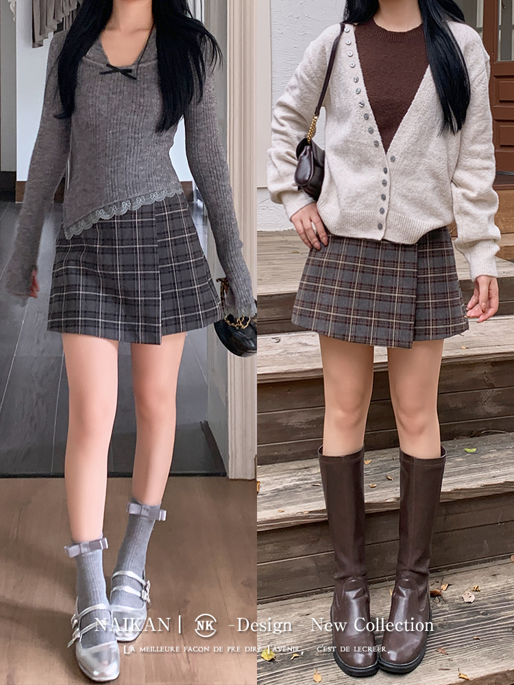 奈看【马尔漫步】格雷学院复古格纹裙女秋冬高腰显瘦A字半身裙