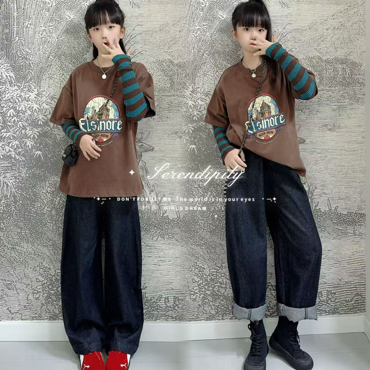 女童T恤套装春秋新款女孩卫衣牛仔裤两件套韩版休闲童装衣服秋装