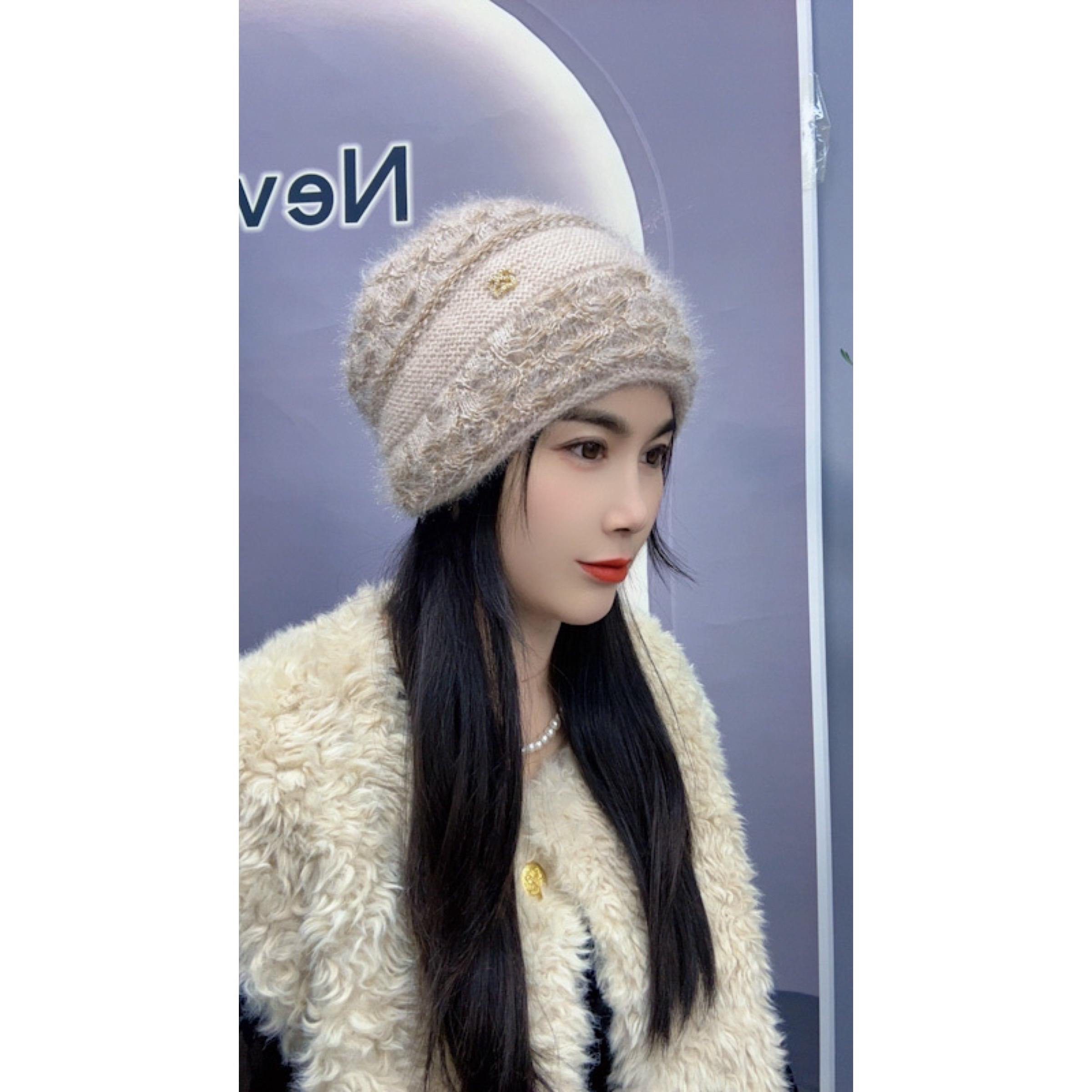 冬季新款双层针织镂空花松鼠绒保暖小卷边堆堆护耳包头女士帽子