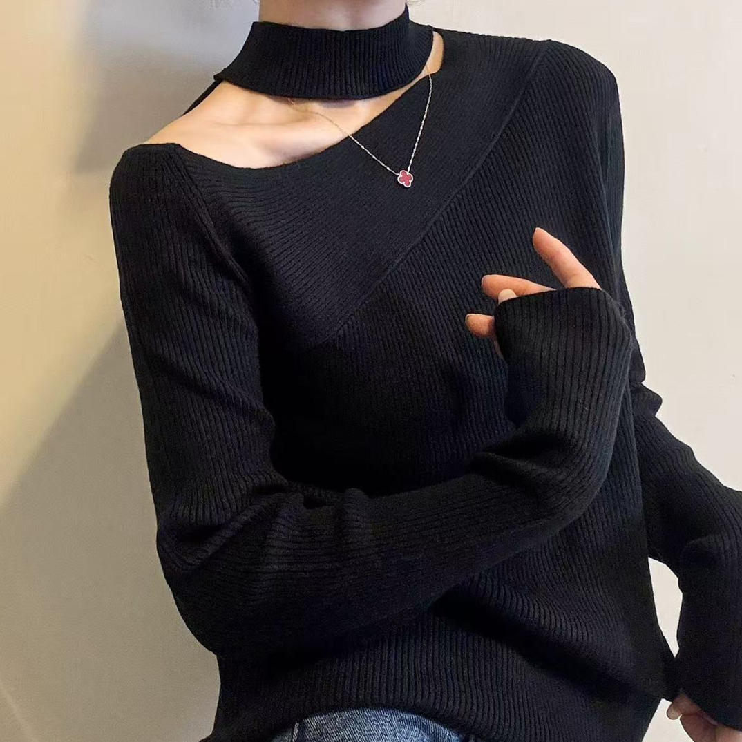 秋冬新款挂脖慵懒风百搭针织打底衫女上衣