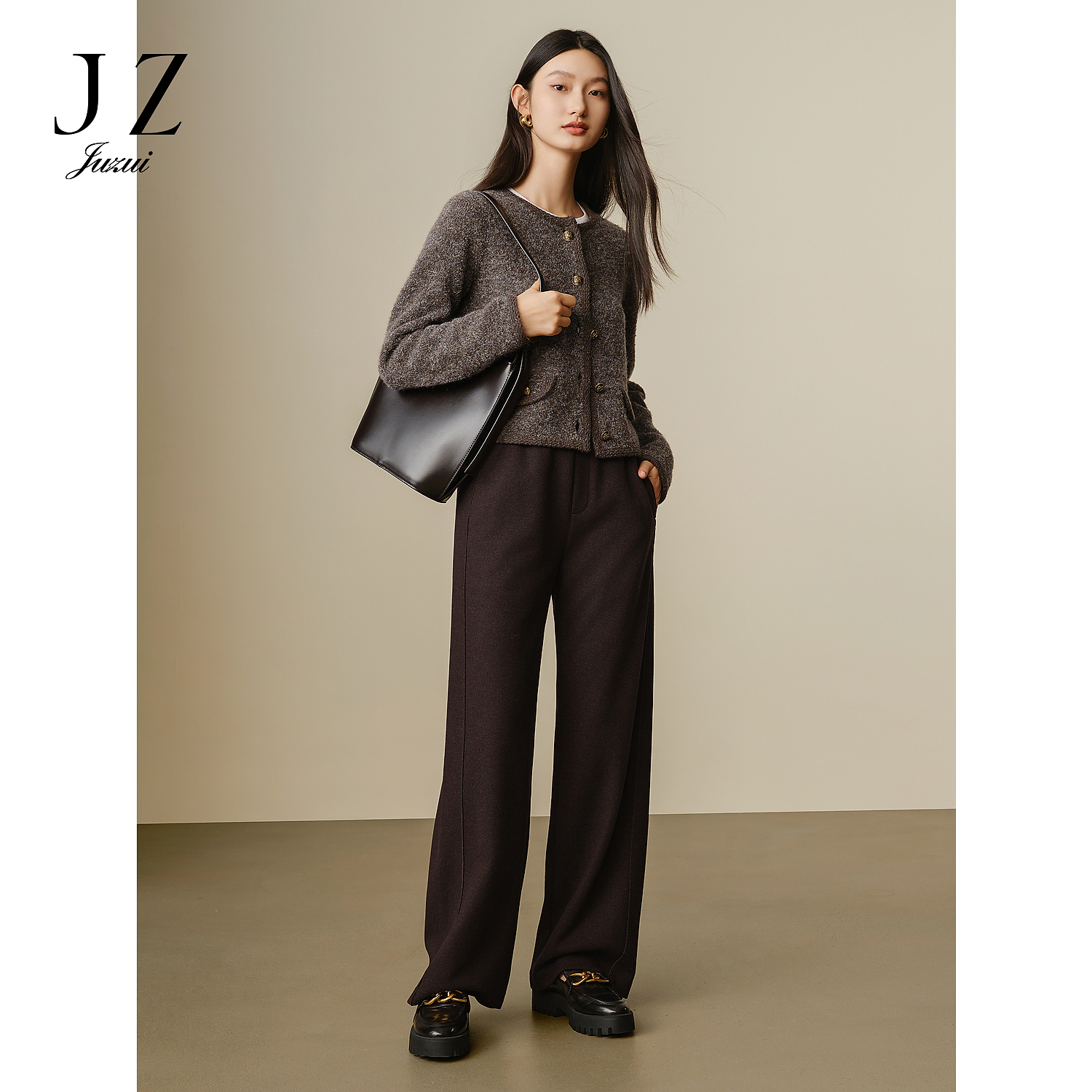 玖姿安娜蔻休闲简约clean fit厚实针织阔腿裤裤子女冬季JTED11026