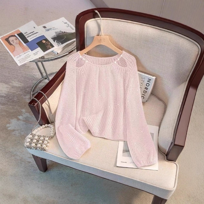 薄款法式镂空串珠亮片毛衣女春秋新款慵懒风宽松针织衫设计感气质