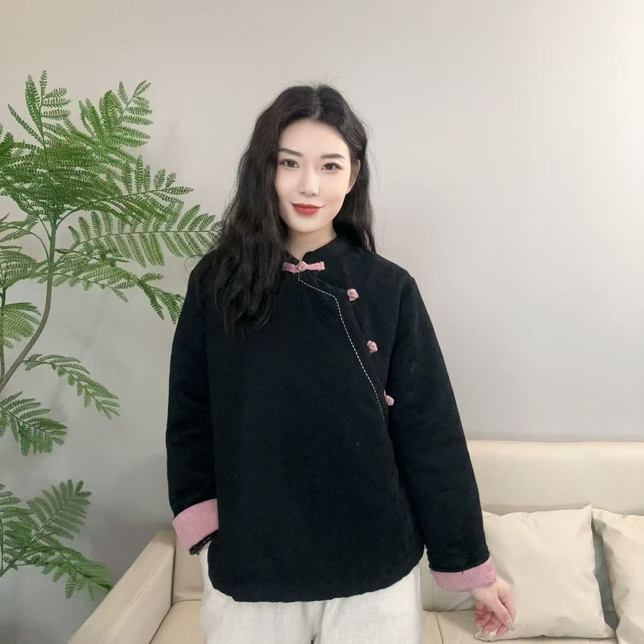 中式复古斜襟手工盘扣长袖小衫秋冬款9012