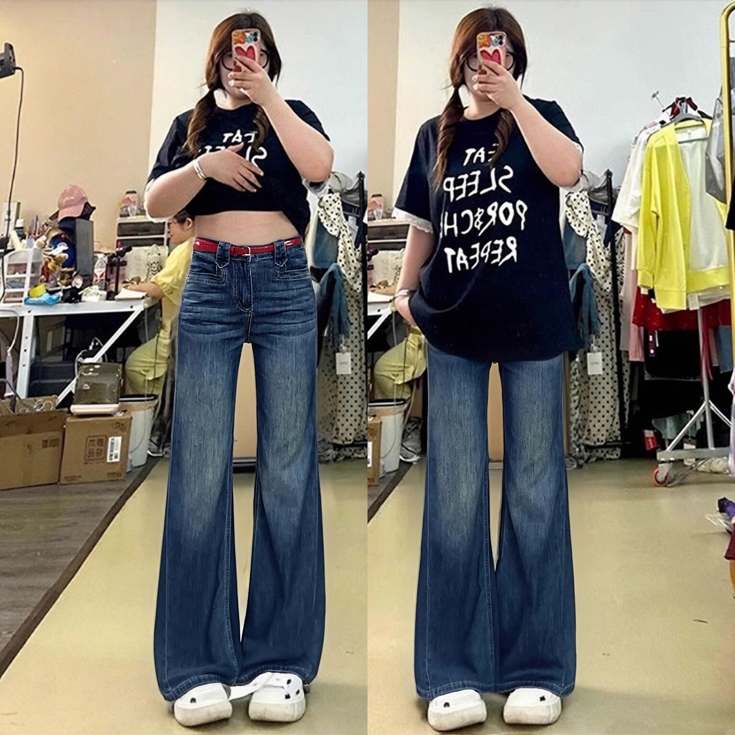 300斤大码女装复古高腰微喇牛仔裤女胖mm显瘦宽松直筒阔腿长裤子