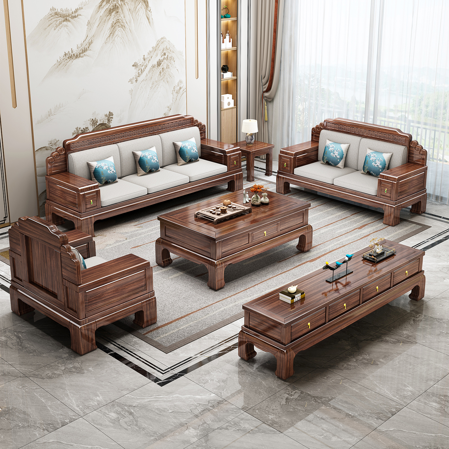 乌金木新中式沙发中式实木家具榫卯成套雕花组合沙发