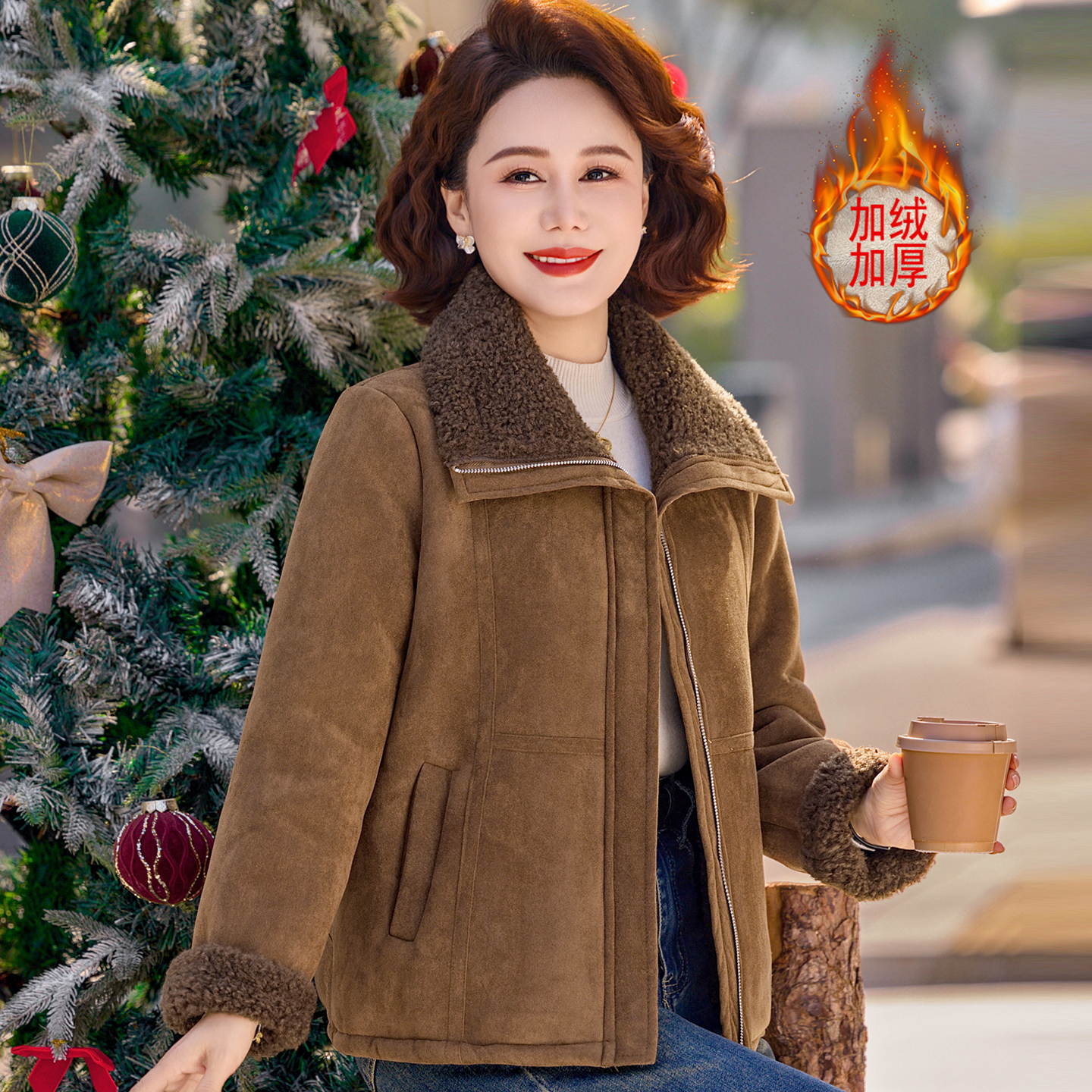时尚妈妈冬装加绒加厚翻领棉衣外套中老年女洋气皮毛一体保暖棉服