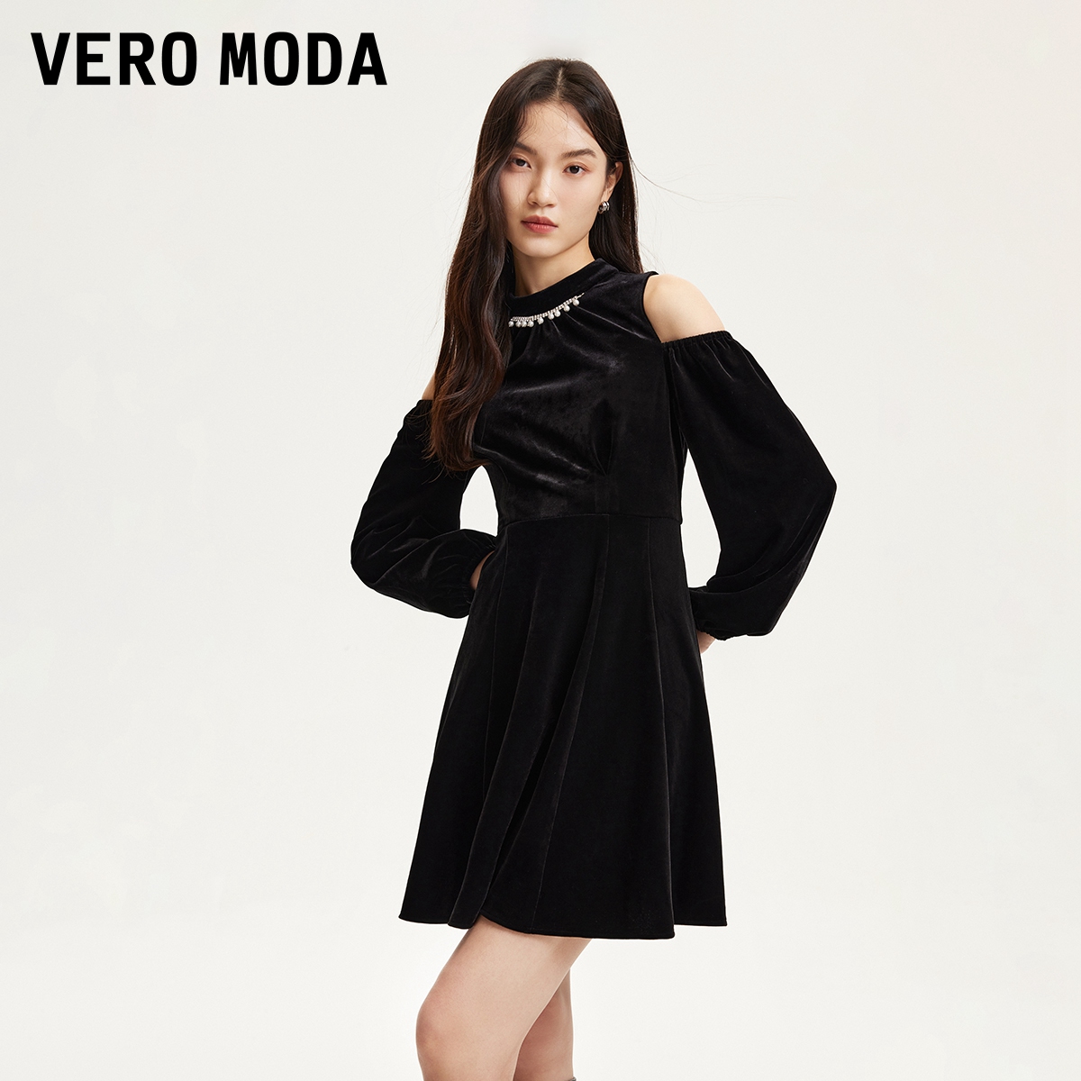 Vero Moda连衣裙女【法兰丝绒】亮钻灯笼袖收腰流光风32437D020