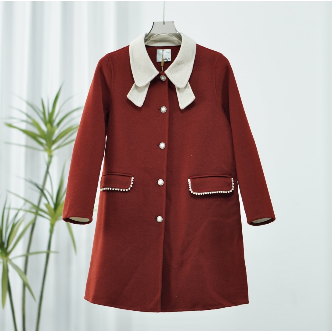 【诗M】S740-1 女装秋冬翻领宽松双面毛呢大衣红色2598315