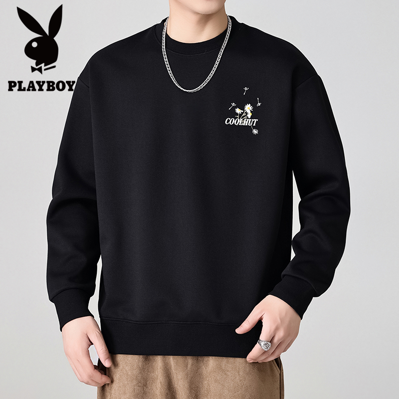 PLAYBOY/花花公子长袖保暖免烫重磅圆领刺绣卫衣潮流上衣秋季宽松