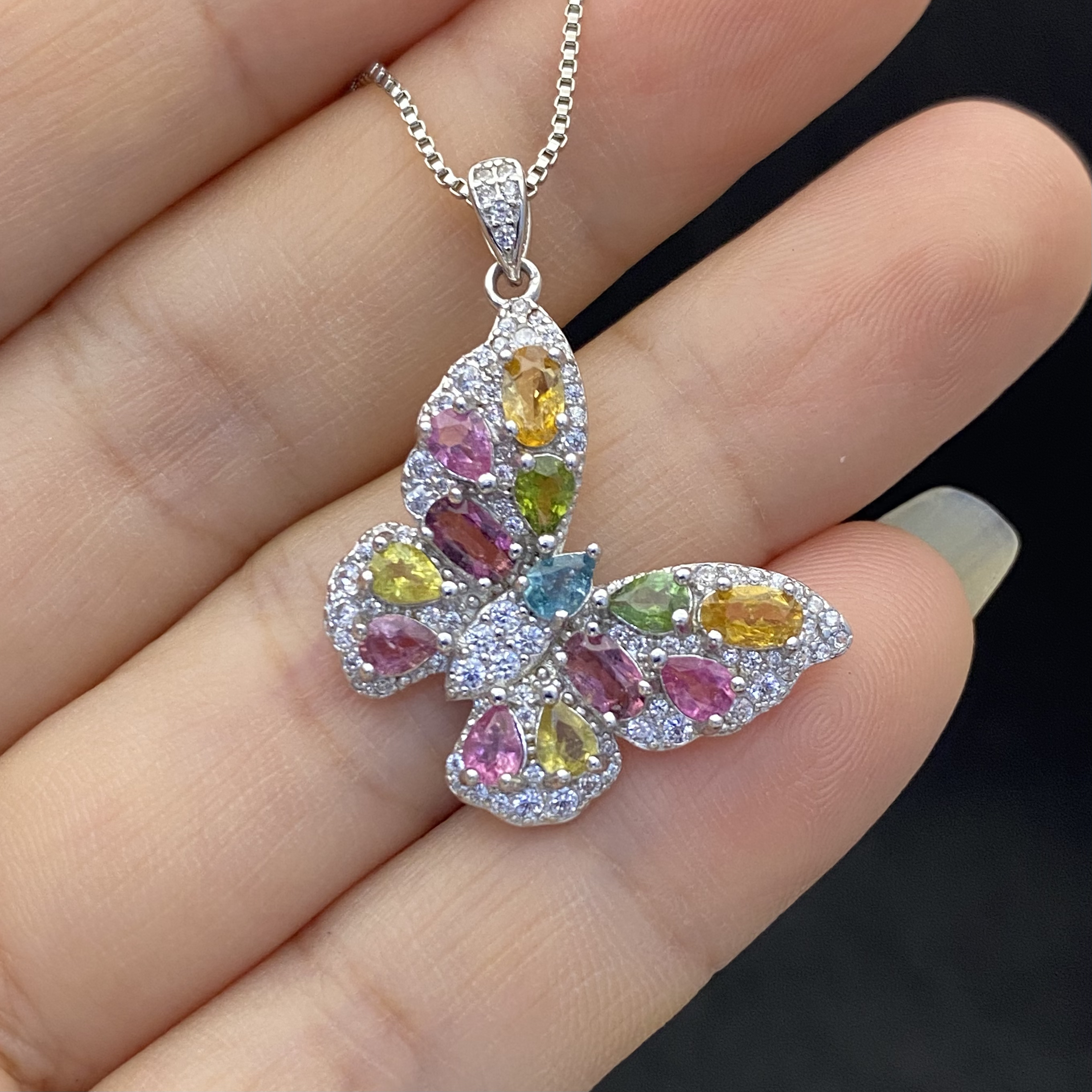 蝴蝶吊坠天然彩色碧玺吊坠s925银轻奢精致华丽高级时尚百搭不含链