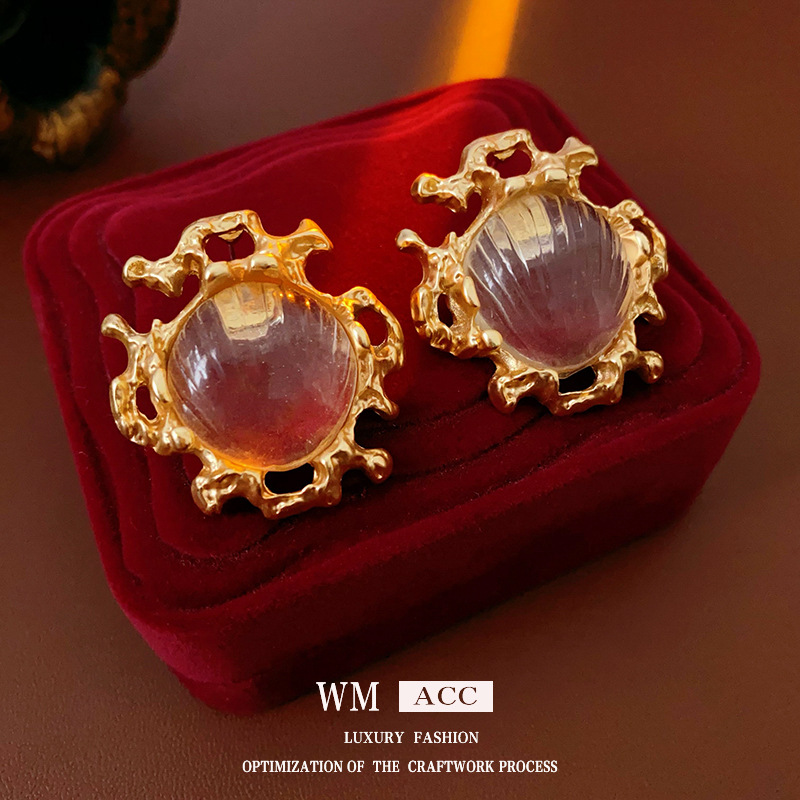 足银合成锆石耳饰 中古vintage耳环银针金色几何宫廷风气质耳钉复