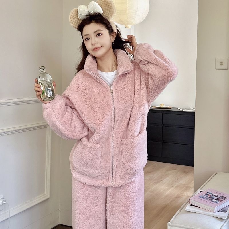 秋冬情侣款加绒保暖拉链款简约刺绣家居服女大学生睡衣