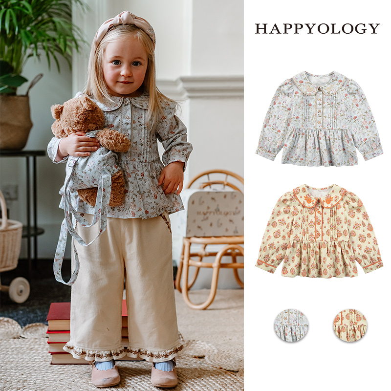 Happyology英国儿童秋冬装新款衬衣绣花撞色花边女童印花长袖上衣