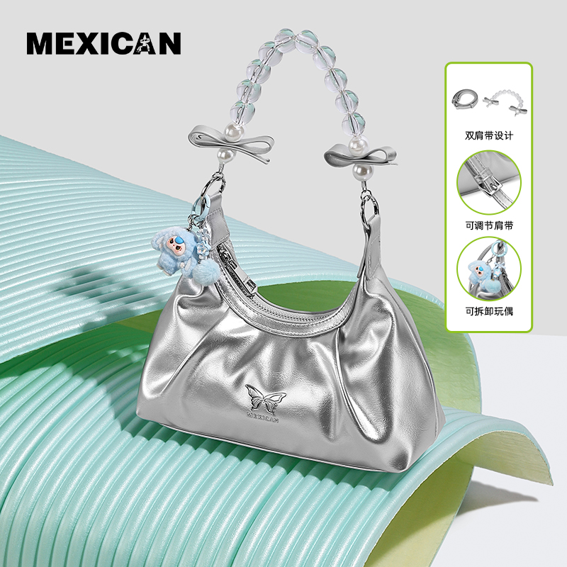 稻草人包包女新款斜挎包小众串珠蝴蝶腋下单肩包早秋百搭银色女包