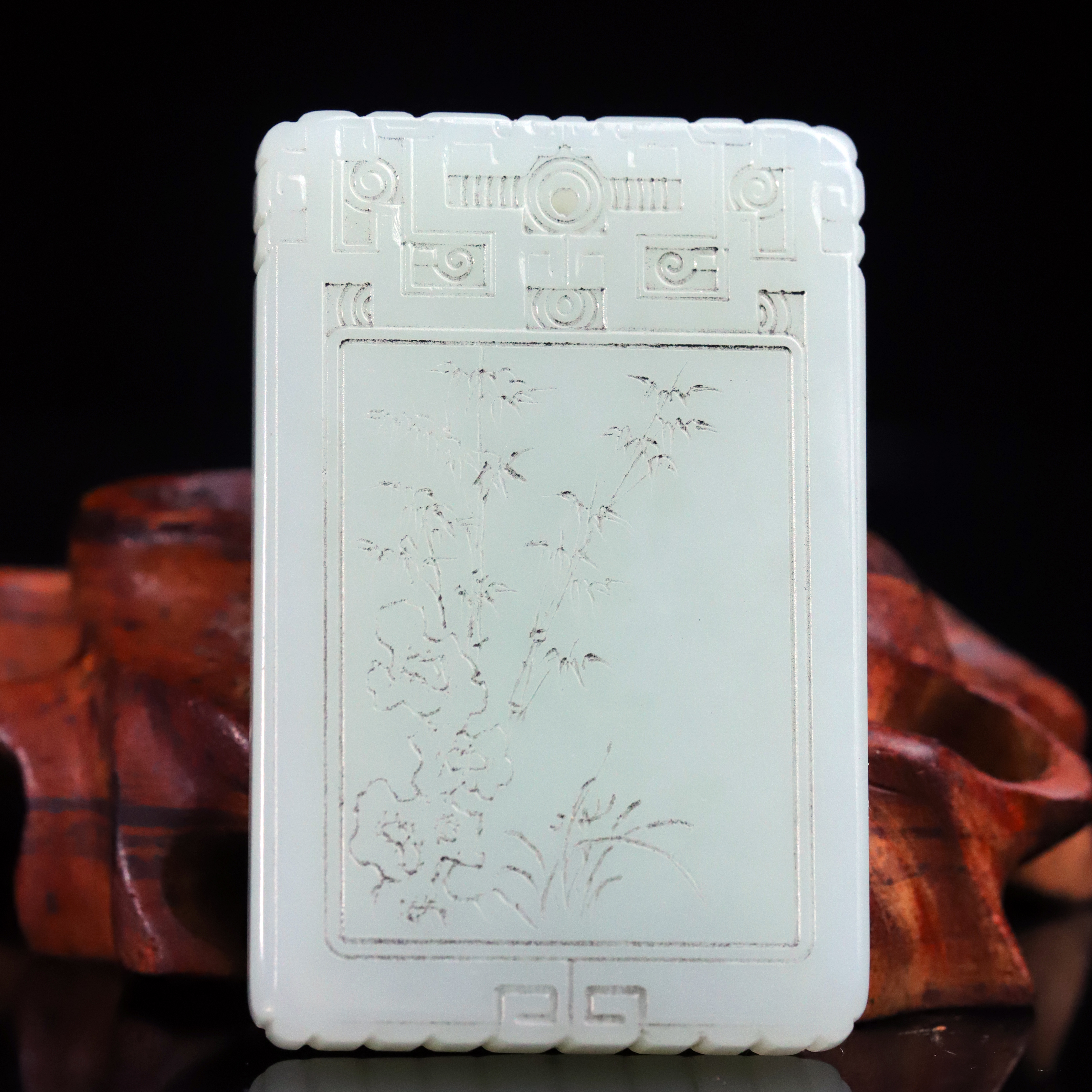 清代和田玉洞石竹纹牌201