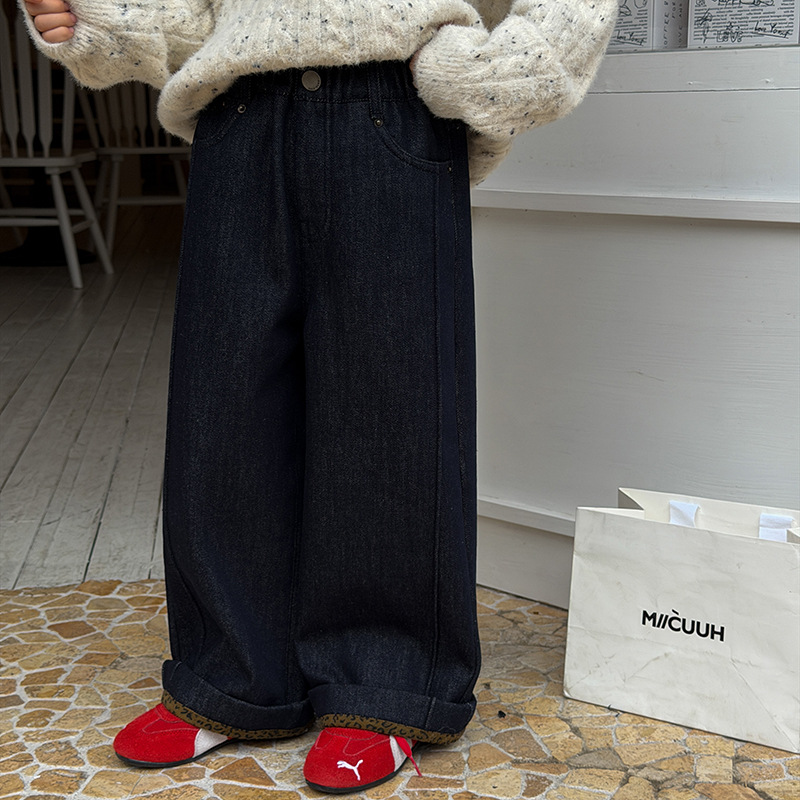 【小梨涡】女童加绒牛仔裤儿童韩版豹纹翻边牛仔裤子25K051