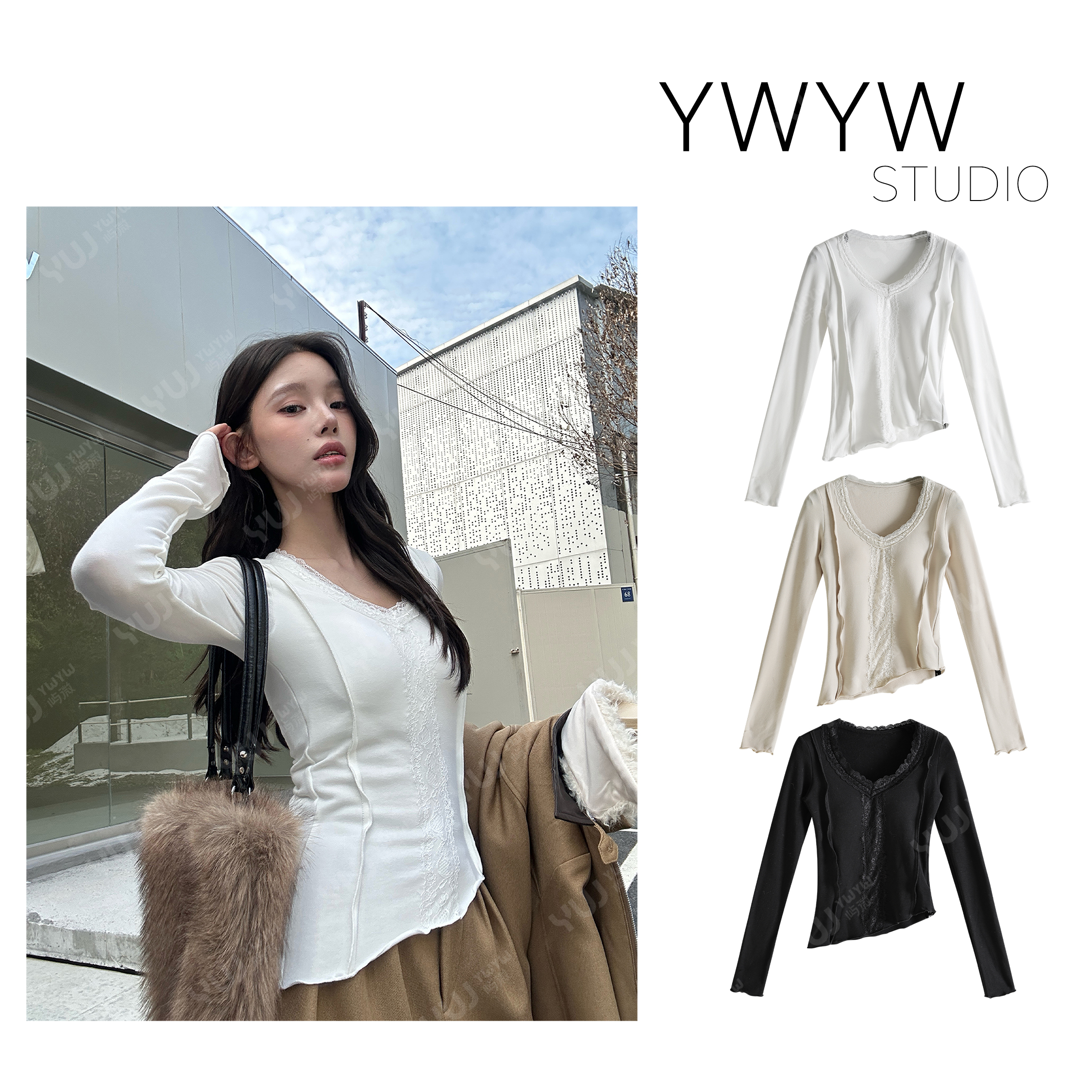 【YWYW25F/W】不规则卷边下摆V领蕾丝拼接打底上衣5818