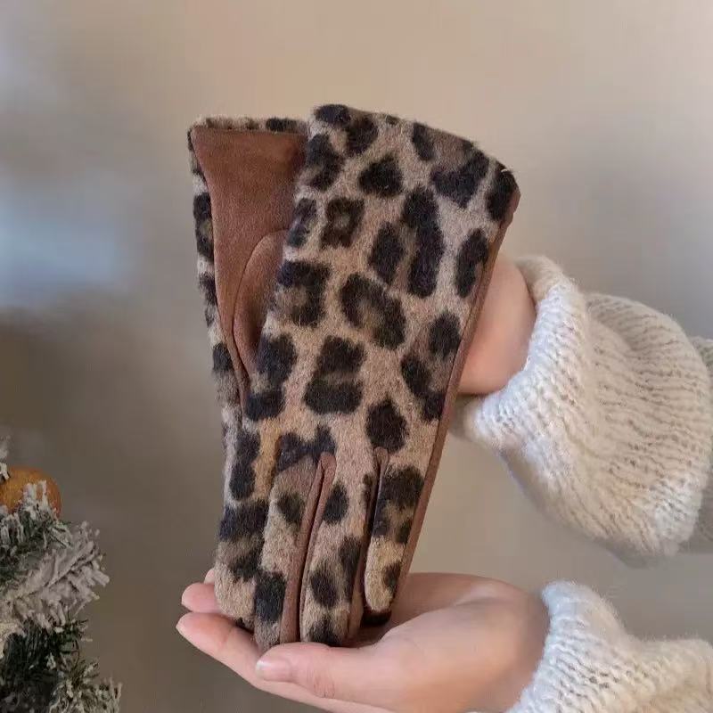 豹纹麂皮手套骑行冬季女士保暖防寒冬天骑电动车开车防风加绒S014