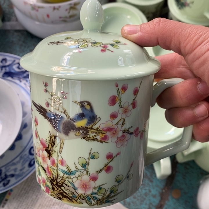 摆件陶绿稀土喜上眉梢直筒办公杯