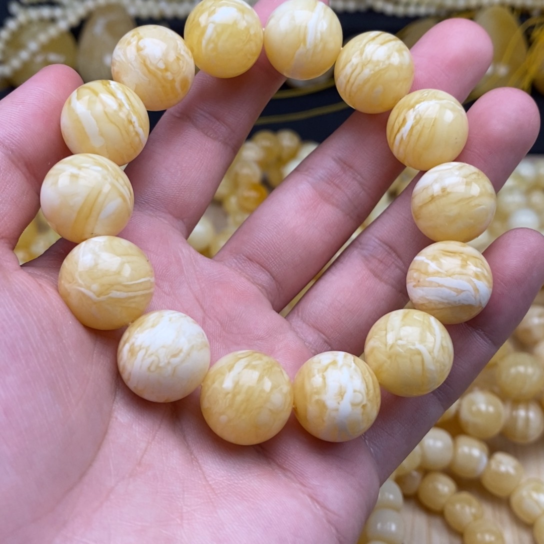 琥珀裸石未镶嵌17+俄料牛货瓷白虎皮纹圆珠手串