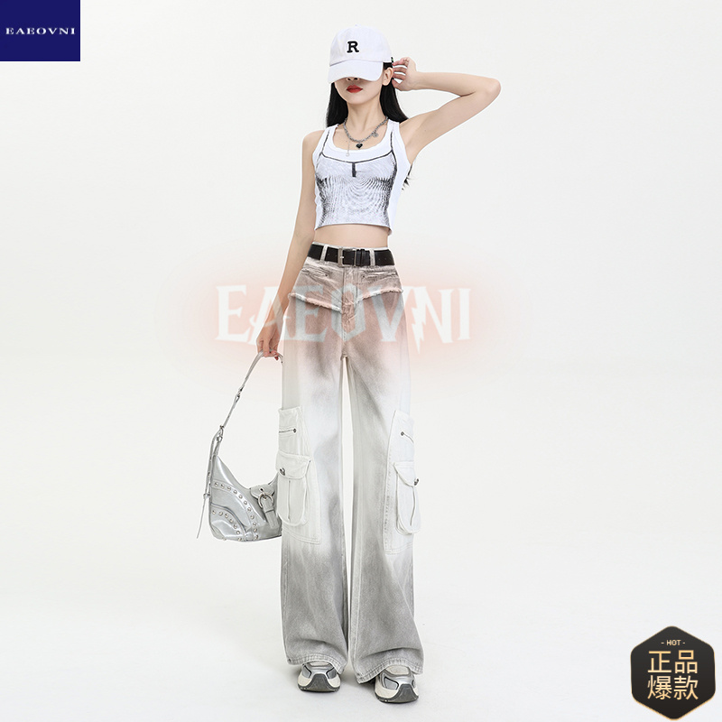 美式工装牛仔裤女春季新款高腰宽松扎染设计感显瘦阔腿拖地裤208