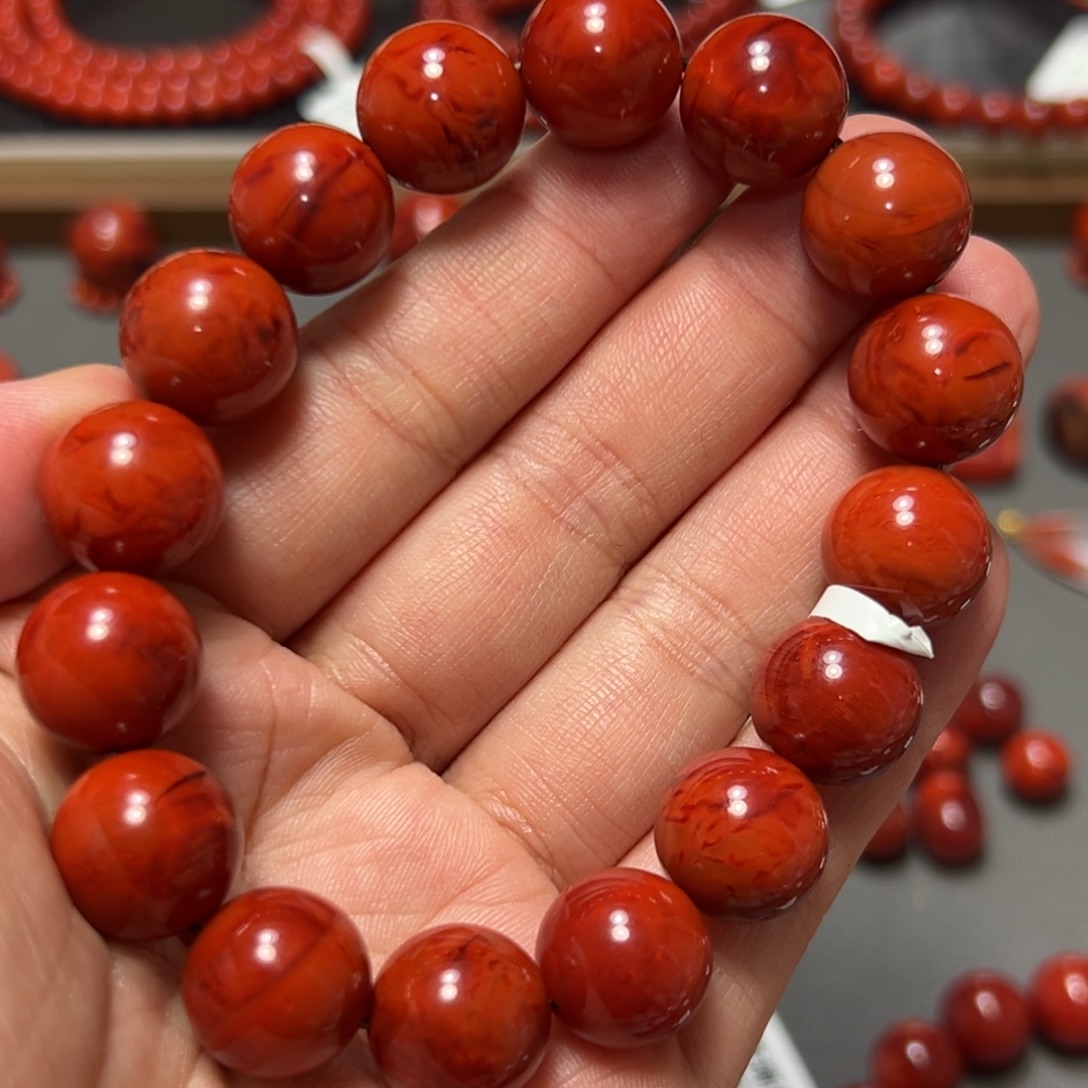 南红玛瑙未镶嵌手串柿子红虎皮纹约13mm